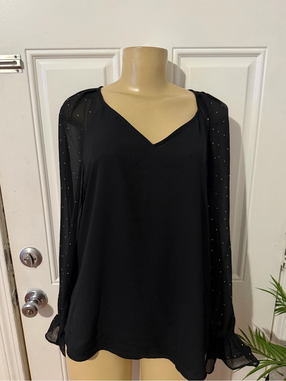 Anne Klein Black V-Neck Blouse with Sheer Studded Sleeves
